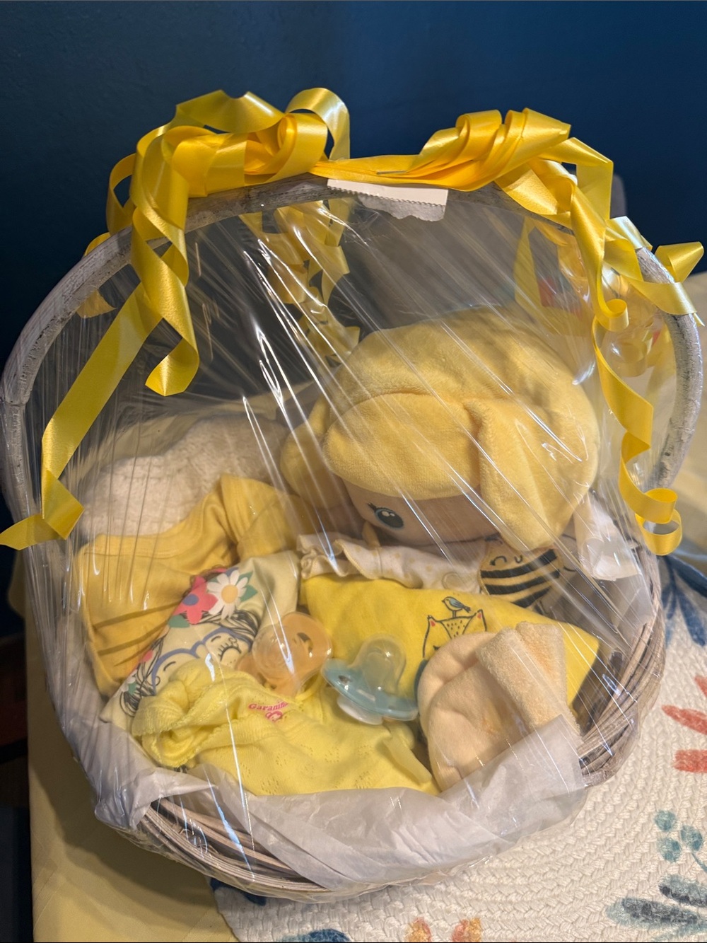 Yellow Baby Gift Basket - Plush Doll & Accessories